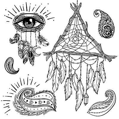 EPS 해외이미지 일러스트 사람없음 꿈 달 삼각형 보석 라인아트 깃털 보헤미아 히피 드림캐쳐 해외일러스트 자연요소 도형 선 장식 광석 파일형식 벡터 이미지허브