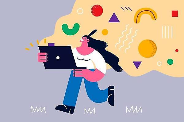 EPS 해외이미지 여자 일러스트 비즈니스 아이디어 한명 들기 성인 노트북 걷기 성인여자한명만 해외일러스트 1 컨셉 모션 사람 전자제품 여자한명만 성인여자만 파일형식 벡터 이미지허브