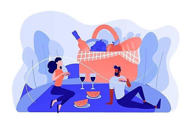 EPS 해외이미지 커플 여자 남자 일러스트 들기 앉기 성인 두명 파란색 소풍 마주보기 돗자리 소풍바구니 코랄 해외일러스트 컬러 관계 모션 사람 야외활동 바구니 파일형식 벡터 이미지허브