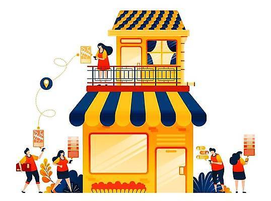 EPS 해외이미지 전신 여자 남자 지도 일러스트 창문 주택 들기 여러명 성인 스마트폰 상자 문 상점 배송 위치 온라인쇼핑 성인만 해외일러스트 다수 모션 사람 건물 핸드폰 스마트기기 쇼핑 온라인 파일형식 벡터 이미지허브