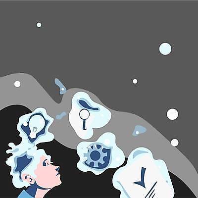 EPS 해외이미지 남자 백그라운드 일러스트 비즈니스 전구 돋보기 아이디어 한명 상반신 성인 파란색 체크표시 톱니바퀴 성인남자한명만 카피스페이스 해외일러스트 1 컬러 컨셉 사람 공백 확인 남자한명만 성인남자만 파일형식 벡터 이미지허브