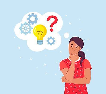 EPS 해외이미지 여자 하늘색 일러스트 아이디어 한명 상반신 성인 반짝임 물음표 비즈니스우먼 고민 톱니바퀴 전구모양 성인여자한명만 해외일러스트 모양 1 기호 감정 컨셉 비즈니스 전구 모션 사람 파란색 직장인 여자한명만 성인여자만 파일형식 벡터 이미지허브