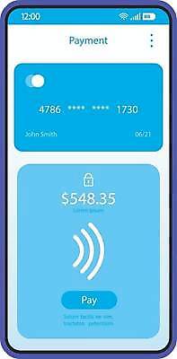EPS 해외이미지 일러스트 모바일 사람없음 파란색 스마트폰 신용카드 어플리케이션 결제 온라인쇼핑 편리함 UI 온라인몰 인터페이스 핀테크 스마트페이 해외일러스트 컬러 컨셉 금융 핸드폰 스마트기기 쇼핑 스마트 온라인 파일형식 벡터 이미지허브