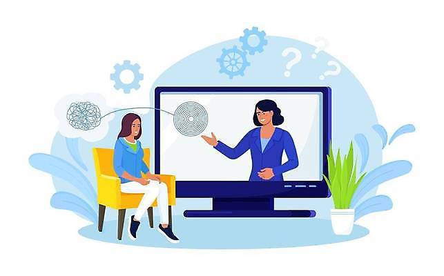 EPS 해외이미지 전신 여자 화분 잎 생각 의자 일러스트 대화 앉기 손짓 상반신 성인 두명 모니터 환자 엉킴 톱니바퀴 상담 우울증 정신질환 조언 치료사 원격의료 성인여자만 심리치료 언택트 해외일러스트 식물 직업 가구 의학 모션 말하기 사람 치료 컴퓨터 진료 질병 심리 원격 여자만 성인만 파일형식 벡터 이미지허브