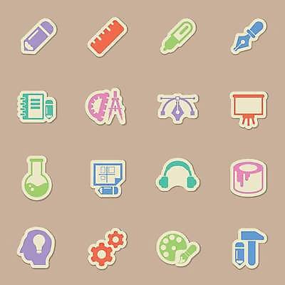 EPS 해외이미지 스티커 일러스트 자 사람없음 세트 컬러풀 연필 만년필 라벨 다이어리 헤드폰 붓 팔레트 망치 플라스크 얼굴모양 톱니바퀴 컴파스 각도기 보드마카 전구모양 해외일러스트 모양 얼굴 컬러 음향기기 전구 문구용품 학용품 프레임 실험기구 필기구 펜 사무용품 공구 파일형식 벡터 이미지허브