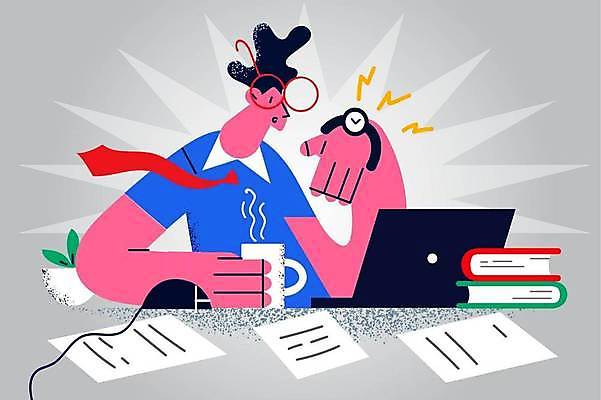 EPS 해외이미지 남자 일러스트 한명 상반신 성인 책 노트북 업무 비즈니스맨 커피잔 손목시계 확인 바쁨 마감 성인남자한명만 안경낌 해외일러스트 1 안경 커피 시계 비즈니스 장신구 잔 사람 전자제품 작업 직장인 남자한명만 성인남자만 파일형식 벡터 이미지허브