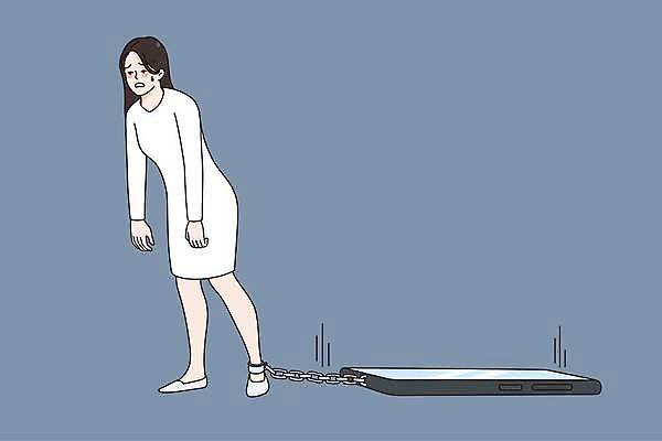 EPS 해외이미지 전신 여자 일러스트 한명 서기 성인 파란색 스마트폰 무거움 스마트폰중독 족쇄 성인여자한명만 해외일러스트 1 컬러 모션 사람 핸드폰 스마트기기 무게 중독 여자한명만 성인여자만 파일형식 벡터 이미지허브