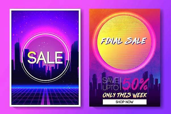 EPS 해외이미지 실루엣 일러스트 사람없음 건물 세트 세일 보라색 주황색 도시 원형 사이버 복고 네온 반값 테크노 해외일러스트 도형 건축물 컬러 촬영기법 파일형식 벡터 이미지허브