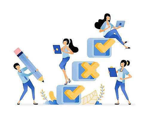 EPS 해외이미지 전신 여자 교육 남자 잎 일러스트 들기 여러명 성인 파란색 노트북 태블릿 연필 X 체크표시 서류판 성인만 해외일러스트 식물 알파벳 컬러 다수 모션 학용품 사람 전자제품 스마트기기 필기구 사무용품 확인 파일형식 벡터 이미지허브