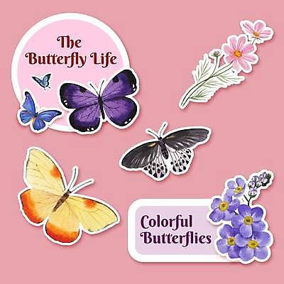 EPS 해외이미지 꽃 나비 스티커 여러마리 일러스트 종류 사람없음 성장 엘리먼트 해외일러스트 식물 다수 곤충 파일형식 벡터 이미지허브