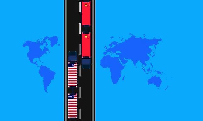 EPS 해외이미지 산업 백그라운드 컨셉 일러스트 비즈니스 경제 세계 미국 중국 경쟁 대립 화물 깃발 상품 라이벌 충돌 창고 무역 싸움 전쟁 패키지 짐차 물류 대패 분배 수입 전국 정부 해외일러스트 아시아 북아메리카 모션 자동차 운송업 파일형식 벡터 이미지허브