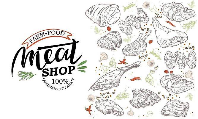 EPS 해외이미지 일러스트 육류 돼지고기 사람없음 소고기 스케치 햄 양고기 정육점 해외일러스트 식재료 미술 상점 파일형식 벡터 이미지허브