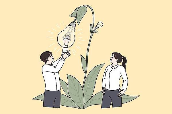 EPS 해외이미지 식물 응시 여자 남자 컨셉 일러스트 비즈니스 전구 아이디어 창조 성인 두명 비즈니스맨 비즈니스우먼 손뻗기 성인만 해외일러스트 시선 모션 사람 직장인 파일형식 벡터 이미지허브