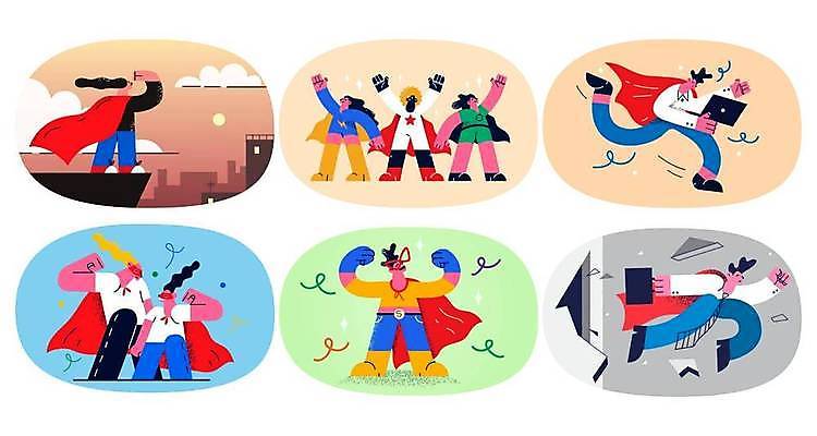 EPS 해외이미지 여자 남자 컨셉 일러스트 회사 비즈니스 사업가 성인 노트북 손들기 힘 비행 비즈니스맨 비즈니스우먼 망토 영웅 성인만 해외일러스트 직업 모션 사람 전자제품 직장인 파일형식 벡터 이미지허브