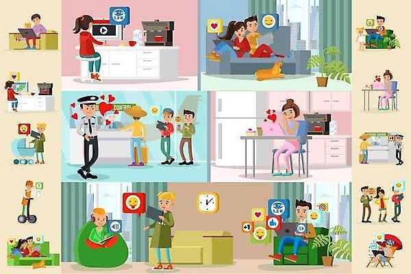 EPS 해외이미지 전신 여자 남자 화분 반려견 일러스트 통신 식탁 탁자 서기 들기 앉기 여러명 성인 노트북 반려동물 소파 태블릿 주방 모니터 네트워크 강아지 커피메이커 소셜네트워크 성인만 체크인카운터 빈백 해외일러스트 동물 가구 생활용품 다수 의자 모션 사람 전자제품 스마트기기 컴퓨터 개 공항 체크인 커피용품 파일형식 벡터 이미지허브