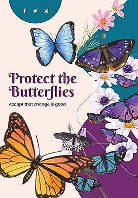 EPS 해외이미지 꽃 포스터 분홍색 나비 여러마리 일러스트 사람없음 보라색 감성 해외일러스트 식물 컬러 다수 곤충 컨셉 파일형식 벡터 이미지허브