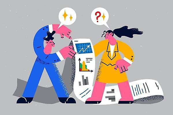 EPS 해외이미지 전신 여자 남자 허리손 말풍선 일러스트 비즈니스 그래프 들기 물음표 가리킴 비즈니스맨 비즈니스우먼 분석 보고서 문서 성인만 해외일러스트 기호 포즈 컨셉 모션 사람 손짓 직장인 파일형식 벡터 이미지허브