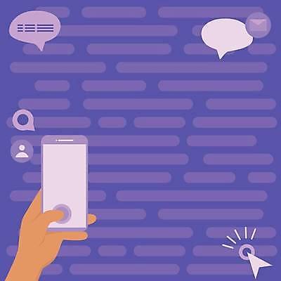 EPS 해외이미지 손 말풍선 일러스트 프레임 들기 신체부위 스마트폰 보라색 클릭 카피스페이스 해외일러스트 컬러 모션 사람 핸드폰 스마트기기 공백 파일형식 벡터 이미지허브