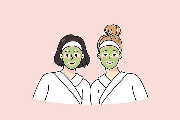 EPS 해외이미지 여자 일러스트 상반신 성인 두명 뷰티 스파 머리띠 가운 목욕가운 피부 피부관리 팩 마스크팩 돌봄 성인여자만 해외일러스트 옷 장신구 모션 사람 신체부위 화장품 여자만 성인만 파일형식 벡터 이미지허브