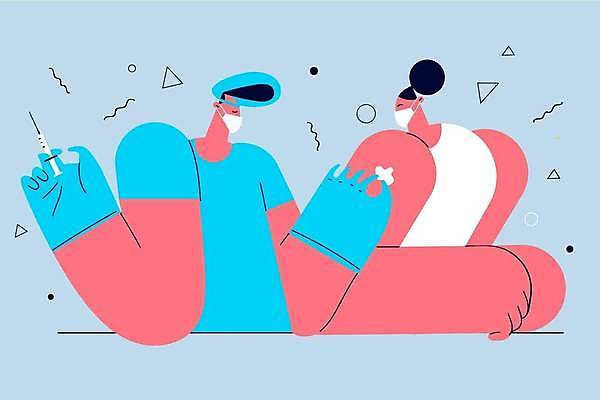 EPS 해외이미지 여자 남자 일러스트 건강 주사기 마스크 들기 상반신 성인 두명 파란색 환자 의사 반창고 붙이기 예방접종 성인만 코로나바이러스 감염예방 해외일러스트 컬러 의학 의료기기 모션 사람 의료진 의료용품 바이러스 사회이슈 예방 감염 접종 파일형식 벡터 이미지허브