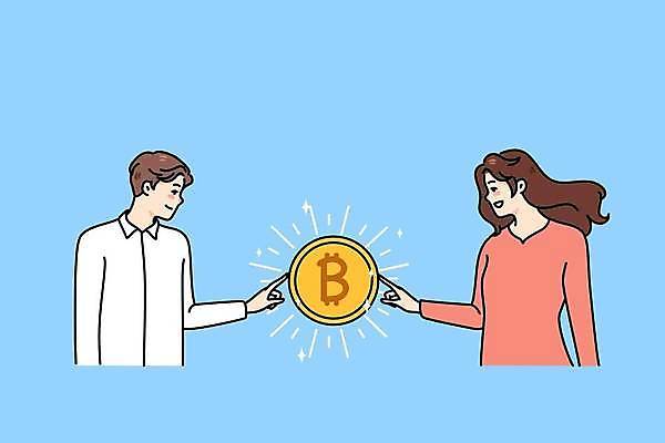 EPS 해외이미지 여자 남자 돈 일러스트 상반신 성인 두명 금융 경제 동전 거래 터치 잡기 시장 재산 주식 투자 온라인 투자자 성인만 가상화폐 해외일러스트 비즈니스 모션 사람 파일형식 벡터 이미지허브