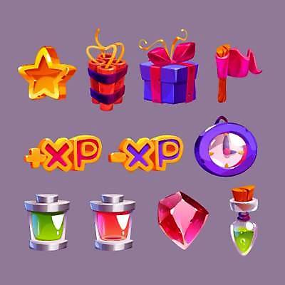 EPS 해외이미지 별 시계 일러스트 사람없음 선물상자 세트 게임 깃발 보석 물약 아이템 다이너마이트 엘리먼트 해외일러스트 자연요소 놀이 선물 상자 약 광석 폭탄 파일형식 벡터 이미지허브