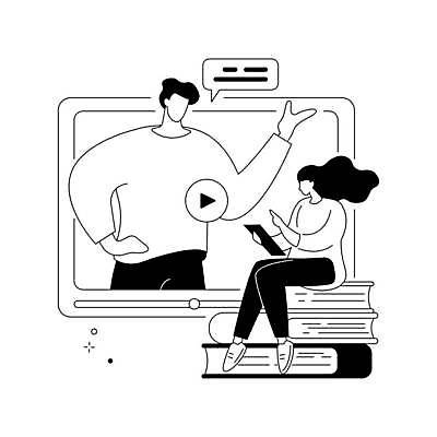 EPS 해외이미지 전신 여자 남자 말풍선 일러스트 통신 들기 앉기 상반신 성인 두명 책 네트워크 라인아트 동영상창 얼굴없음 성인만 웨비나 해외일러스트 선 모션 사람 동영상 세미나 파일형식 벡터 언택트 이미지허브