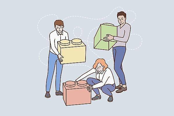 EPS 해외이미지 전신 여자 남자 일러스트 협력 함께함 서기 들기 성인 세명 블록 동료 레고 웅크림 성인만 해외일러스트 컨셉 관계 모션 사람 장난감 파일형식 벡터 이미지허브