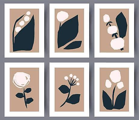 EPS 해외이미지 디자인 꽃 줄기 잎 일러스트 추상 미술 사람없음 세트 남색 그림 베이지색 해외일러스트 식물 컬러 무늬 문화예술 파일형식 벡터 이미지허브