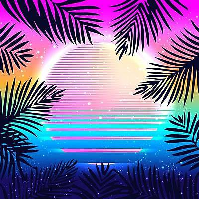 EPS 해외이미지 바다 일러스트 사람없음 파란색 반짝임 태양 보라색 사이버 복고 네온 야자수잎 테크노 해외일러스트 자연요소 컬러 잎 모션 파일형식 벡터 이미지허브
