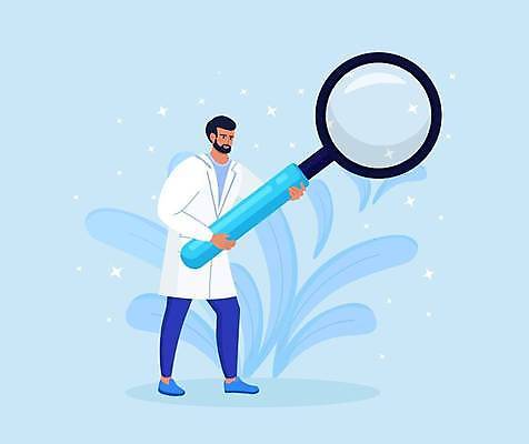 EPS 해외이미지 전신 남자 잎 일러스트 돋보기 한명 들기 성인 파란색 반짝임 의사 성인남자한명만 해외일러스트 식물 1 컬러 모션 사람 의료진 남자한명만 성인남자만 파일형식 벡터 이미지허브