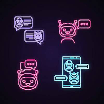 EPS 해외이미지 말풍선 일러스트 사람모양 사람없음 빛 스마트폰 로봇 네온 네온아트 채팅봇 AI_인공지능 해외일러스트 모양 핸드폰 스마트기기 파일형식 벡터 이미지허브