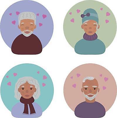EPS 해외이미지 캐릭터 디자인 커플 여자 할아버지 남자 행복 안경 할머니 얼굴 일러스트 가족 관계 남편 함께함 발렌타인데이 사랑 미소 사람 성인 흰색 하트 아내 플랫 만화 은퇴 고립 옛날 조부모 아바타 해외일러스트 일러캐릭터 모양 잡화 노년 감정 컬러 컨셉 데이이벤트 표정 신체부위 파일형식 벡터 이미지허브