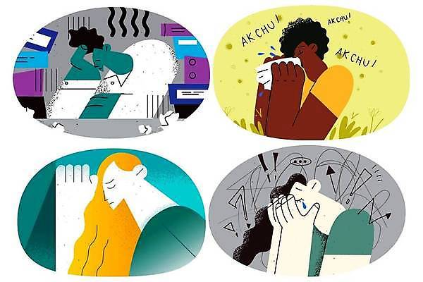 EPS 해외이미지 여자 남자 화살표 일러스트 스트레스 피곤 여러명 성인 세트 슬픔 비즈니스맨 업무과다 우울감 우울증 재채기 성인만 PTSD 해외일러스트 감정 다수 컨셉 비즈니스 사람 업무 직장인 질병 파일형식 벡터 이미지허브