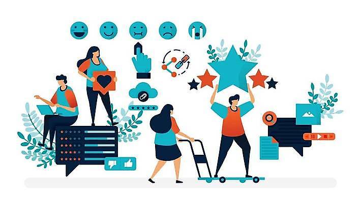 EPS 해외이미지 전신 여자 남자 별 말풍선 잎 일러스트 비즈니스 여러명 성인 파란색 수레 하트 스마트 성인만 해외일러스트 자연요소 모양 식물 컬러 다수 컨셉 사람 카트 파일형식 벡터 이미지허브