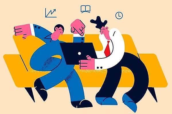 EPS 해외이미지 디자인 남자 일러스트 회사 비즈니스 말하기 대화 들기 성인 두명 노트북 사무실 비즈니스맨 토론 성인남자만 브레인스토밍 해외일러스트 모션 사람 전자제품 직장인 남자만 성인만 파일형식 벡터 이미지허브