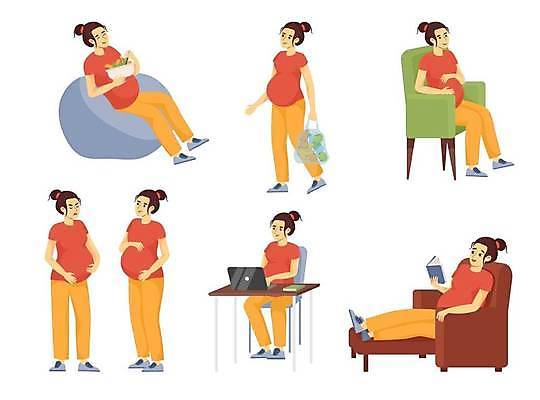 EPS 해외이미지 전신 여자 일러스트 가족 서기 앉기 여러명 성인 책 노트북 소파 임산부 샐러드 업무 먹기 감싸기 성인여자만 해외일러스트 음식 다수 의자 관계 모션 사람 전자제품 임신 작업 여자만 성인만 파일형식 벡터 이미지허브