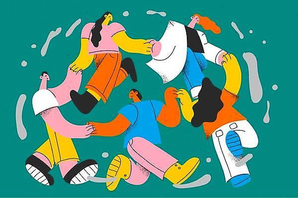 EPS 해외이미지 전신 여자 남자 일러스트 협력 함께함 서기 웃음 여러명 성인 걷기 손잡기 동료 즐거움 청록색 성인만 옹기종기 해외일러스트 감정 컬러 다수 컨셉 관계 모션 표정 사람 파일형식 벡터 이미지허브