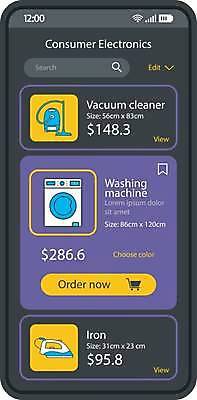 EPS 해외이미지 일러스트 모바일 사람없음 스마트폰 가전제품 어플리케이션 구매 상품 결제 온라인쇼핑 청소기 세탁기 다리미 UI 목록 온라인몰 인터페이스 해외일러스트 전자제품 핸드폰 스마트기기 쇼핑 청소도구 온라인 파일형식 벡터 이미지허브