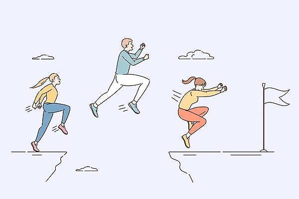 EPS 해외이미지 전신 여자 남자 일러스트 비즈니스 성인 세명 달리기 점프 도착지 경쟁 깃발 성인만 해외일러스트 컨셉 모션 사람 행선지 파일형식 벡터 이미지허브
