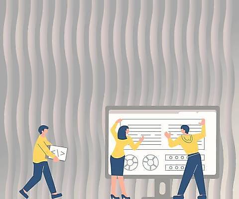 EPS 해외이미지 전신 여자 남자 백그라운드 곡선 일러스트 비즈니스 그래프 아이디어 들기 성인 세명 모니터 베이지색 성인만 카피스페이스 해외일러스트 선 컬러 컨셉 모션 사람 컴퓨터 공백 파일형식 벡터 이미지허브