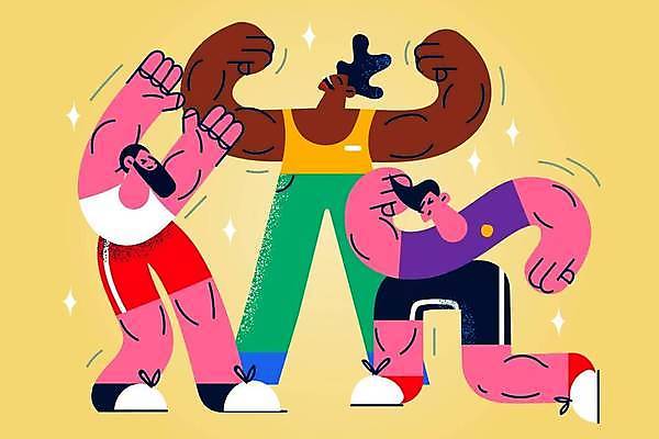 EPS 해외이미지 전신 라이프스타일 여자 남자 일러스트 근육 서기 성인 취미 세명 운동복 손들기 힘 무릎꿇기 보디빌딩 보디빌더 근육질 근력 성인만 해외일러스트 옷 모션 사람 생활 운동 헬스 몸매 파일형식 벡터 이미지허브