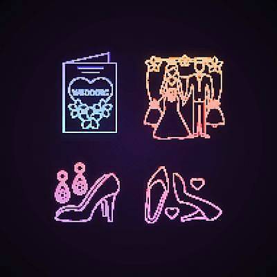 EPS 해외이미지 전신 웨딩드레스 결혼 일러스트 결혼식 사람모양 서기 정장 턱시도 사람없음 빛 귀걸이 하트 하이힐 청첩장 네온 신랑신부 웨딩슈즈 네온아트 해외일러스트 모양 드레스 옷 신부_웨딩 구두 신랑 신발 장신구 모션 카드_감사 이벤트 여성화 결혼소품 파일형식 벡터 이미지허브