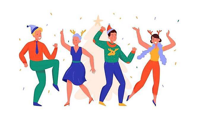 EPS 해외이미지 전신 여자 남자 크리스마스 일러스트 선물 여러명 성인 크리스마스트리 파티 만세 축하 춤 즐거움 꽃가루 루돌프머리띠 성인만 해외일러스트 기념일 감정 다수 컨셉 모션 문화예술 사람 이벤트 머리띠 가루 파일형식 벡터 이미지허브