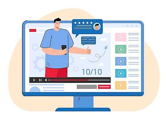 EPS 해외이미지 남자 말풍선 일러스트 통신 말하기 한명 들기 상반신 성인 모니터 동영상창 별점 성인남자한명만 크리에이터 1인미디어 유튜브 해외일러스트 직업 1 모션 사람 컴퓨터 방송 점수 평가 동영상 남자한명만 성인남자만 파일형식 벡터 이미지허브