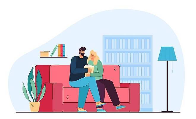 EPS 해외이미지 전신 부부 여자 남자 화분 하늘색 일러스트 가족 들기 앉기 성인 두명 소파 팝콘 성인만 해외일러스트 커플 의자 관계 모션 사람 파란색 파일형식 벡터 이미지허브