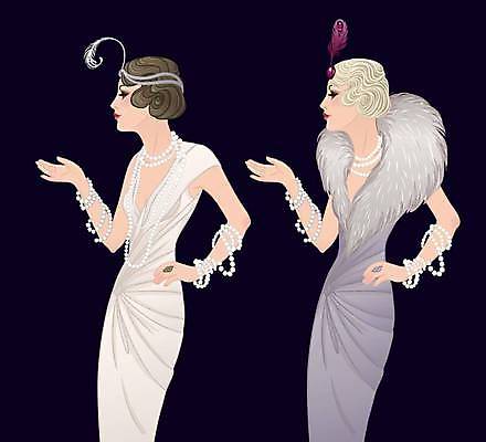 EPS 해외이미지 디자인 드레스 여자 허리손 일러스트 상반신 성인 두명 손들기 빈티지 화려 복고 스타일 성인여자만 해외일러스트 옷 포즈 컨셉 모션 사람 여자만 성인만 파일형식 벡터 이미지허브