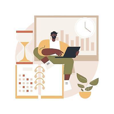 EPS 해외이미지 전신 라이프스타일 남자 화분 시계 일러스트 한명 미소 앉기 성인 노트북 다이어리 타이핑 모래시계 성인남자한명만 해외일러스트 1 모래 모션 표정 사람 생활 전자제품 사무용품 남자한명만 성인남자만 파일형식 벡터 이미지허브