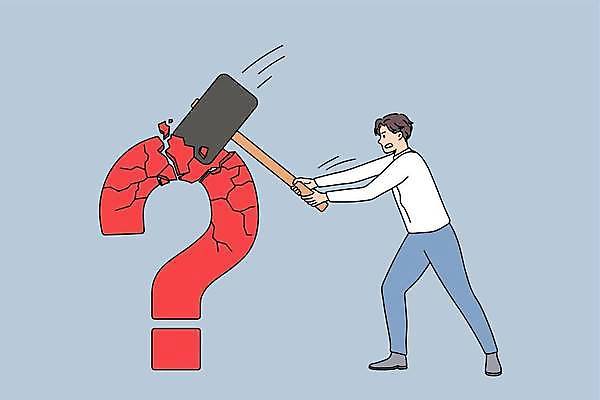 EPS 해외이미지 전신 남자 일러스트 한명 서기 들기 성인 파란색 손상 물음표 망치 의문 성인남자한명만 해외일러스트 1 기호 컬러 컨셉 모션 사람 공구 남자한명만 성인남자만 파일형식 벡터 이미지허브