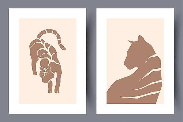 EPS 해외이미지 디자인 실루엣 두마리 일러스트 추상 미술 사람없음 세트 호랑이 그림 베이지색 미니멀 해외일러스트 컬러 2 무늬 포유류 문화예술 촬영기법 파일형식 벡터 이미지허브